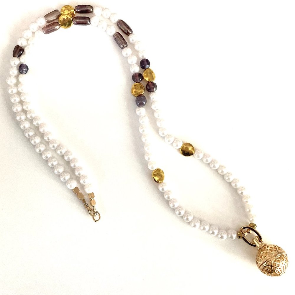 Long Pearls Necklace "Seville" Total length 34" Gold purple White Perfume